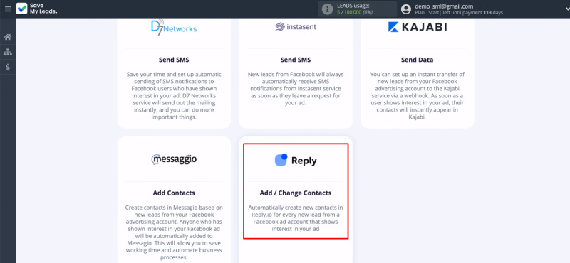Facebook and Reply integration | Select template