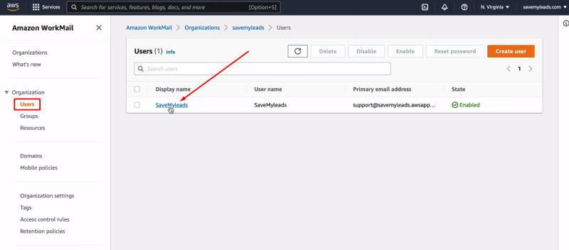 Facebook and Amazon WorkMail integration |&nbsp;Go to the user card