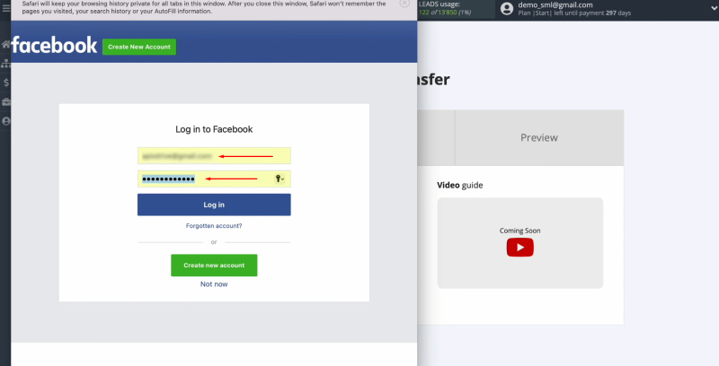 Facebook and Telegram integration | Specify the username and password of your Facebook account