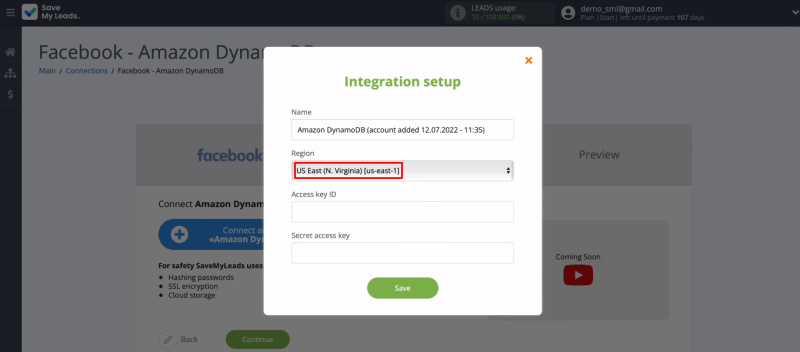 Facebook and Amazon DynamoDB integration | Set the "Region" field in SML