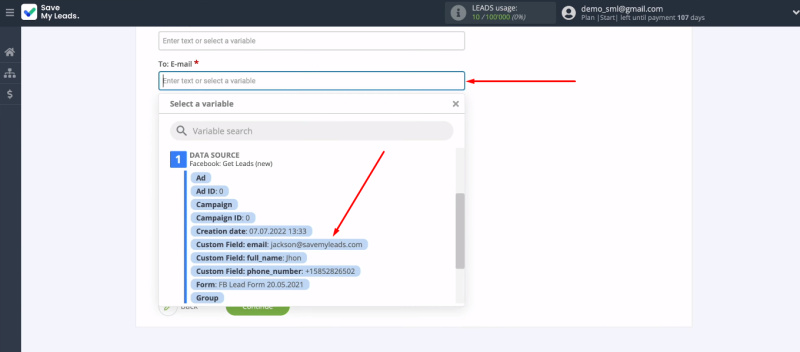 Facebook and Amazon WorkMail integration | Variables from Facebook