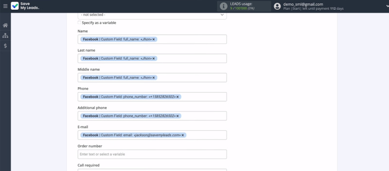 Facebook and Simla integration | The preset values