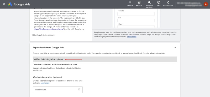 Google Lead Form and Smartsheet integration | Go to "Other data integration settings"