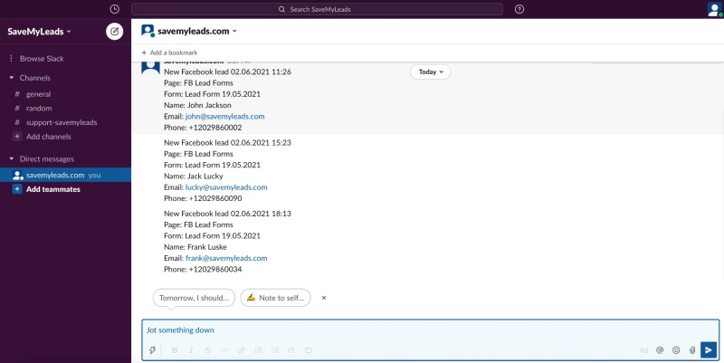 How to set up the upload of new leads from Facebook ad account to Slack private messages |&nbsp;Facebook leads sent as Slack messages