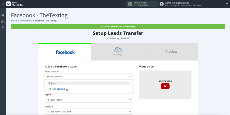 Facebook and The Texting integration | Select your connected account