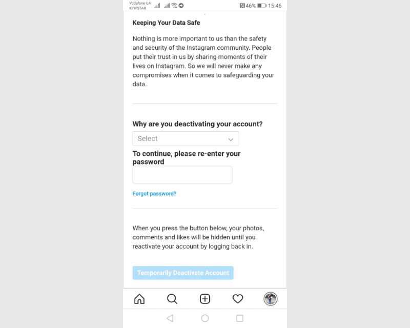 How to delete Instagram account | Click on&nbsp;Temporarily Deactivate Account