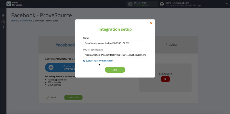 How to Automatically Send Data to ProveSource from Facebook Leads | SaveMyLeads service connection window