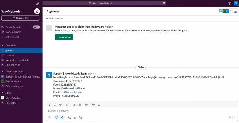 Google Lead Form and Slack integration | Go to Slack and check the result