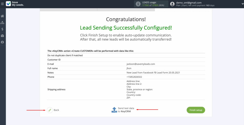 Facebook and KeyCRM integration | Click “Back” or “Send test data to KeyCRM”