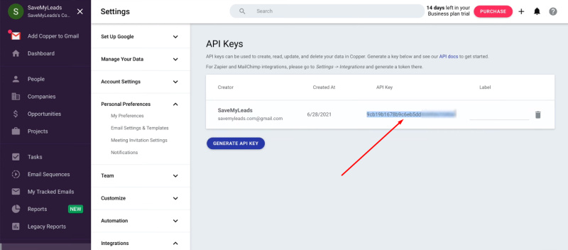 Facebook and Copper integration | Copy the API Key