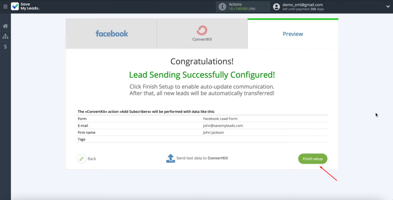 Facebook and ConvertKit integration | Click “Finish setup”