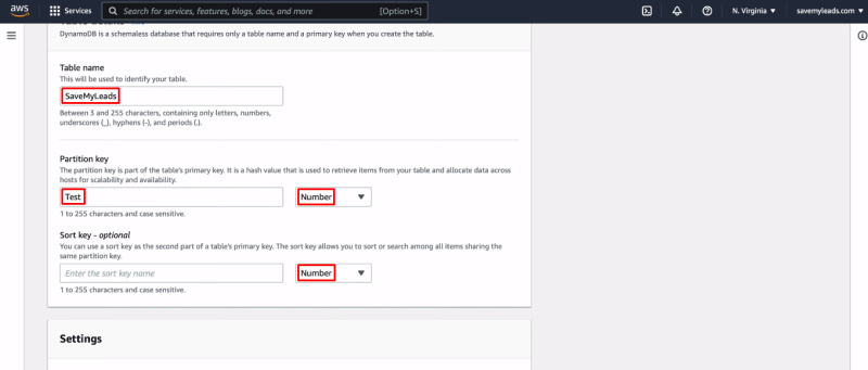 Facebook and Amazon DynamoDB integration | Define name of the table and the Partition key