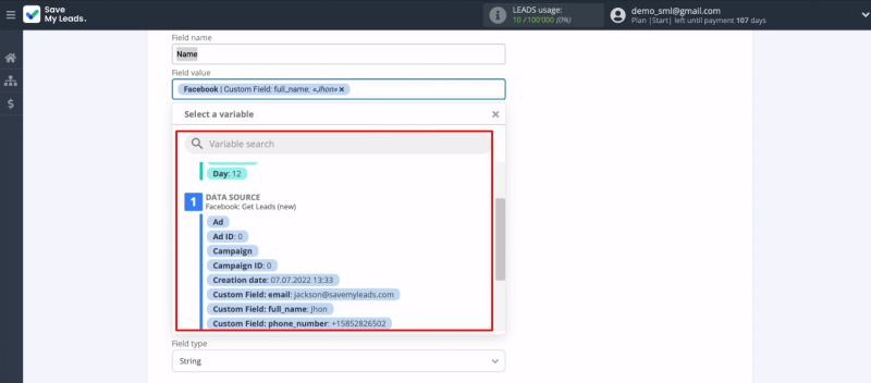 Facebook and Amazon DynamoDB integration | List of variables