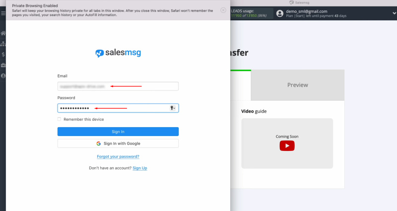 Salesmsg and Facebook integration | Specify the login and password