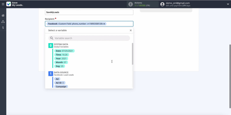 Facebook and Mobile Text Alerts integration | Fill in the variables in the Recipient field