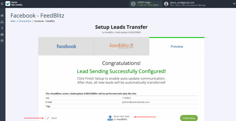 FeedBlitz and Facebook integration | Click “Back” or “Send test data to FeedBlitz”