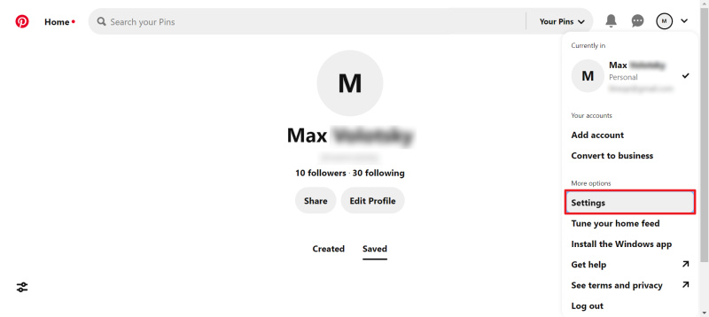 How to delete Pinterest account | Go to "Settings"