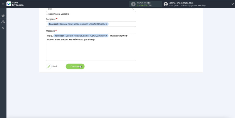 Facebook and The Texting integration | Continue setup