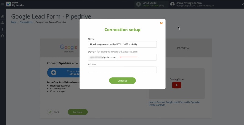 Pipedrive and Google Ads Lead Form integration | Paste the domain in the upcoming window