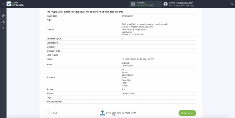 Facebook and AgileCRM integration | Submitting Test Data