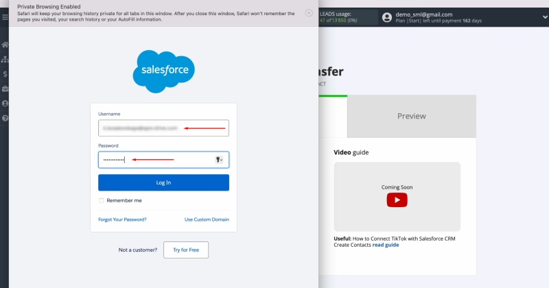 Enter the login and password for your Salesforce CRM account