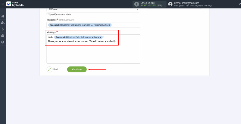 MessageWhiz and Facebook integration | Create a message that will be sent as an SMS