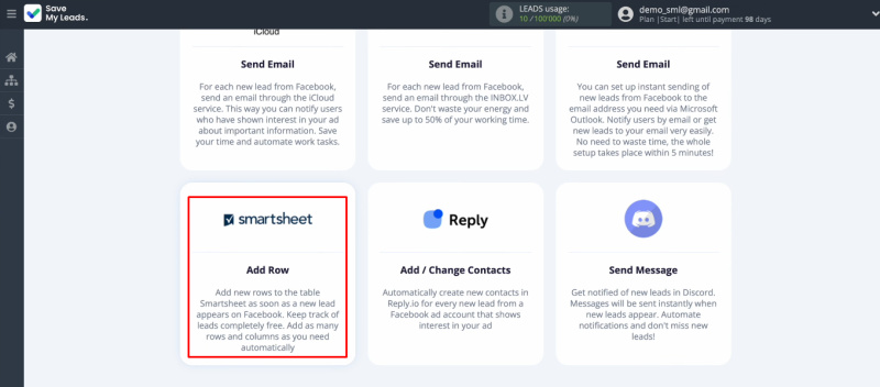 Facebook Lead Ads and Smartsheet integration | Select&nbsp;the “Smartsheet (Add Row)” template