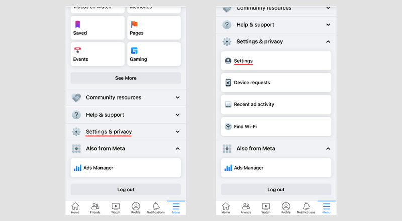 Open Facebook settings