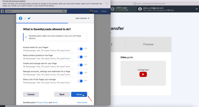 Facebook Leads Ads and Kajabi integration | Leave all check boxes enabled