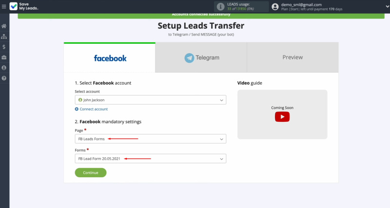Facebook and Telegram integration | Choose the advertising page and form
