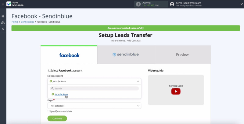 Facebook and Sendinblue integration | Select a connected account