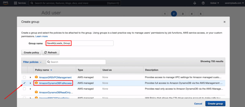 Facebook and Amazon DynamoDB integration | Specify a group name and check the required policy box