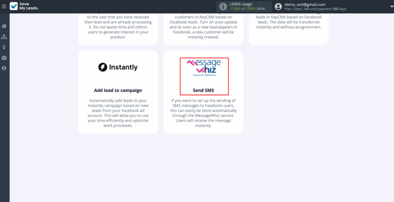 MessageWhiz and Facebook integration | Choose MessageWhiz (Send SMS)