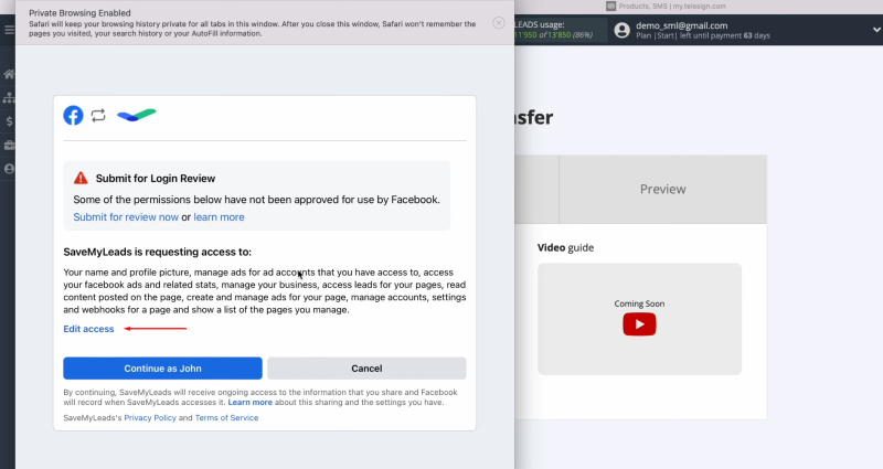 Telesign and Facebook integration | Click “Edit access”
