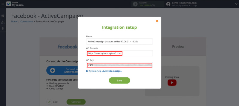Facebook and ActiveCampaign integration | Completed fields “API Domain” and “API Key”&nbsp;
