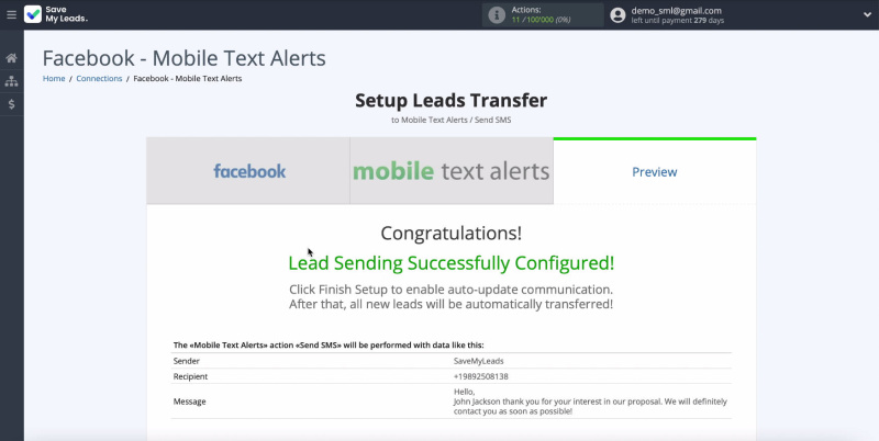 Facebook and Mobile Text Alerts integration | Sample message