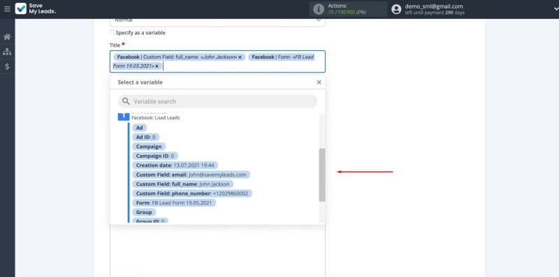 Facebook and Wrike integration | Fill in the task fields with variables from Facebook