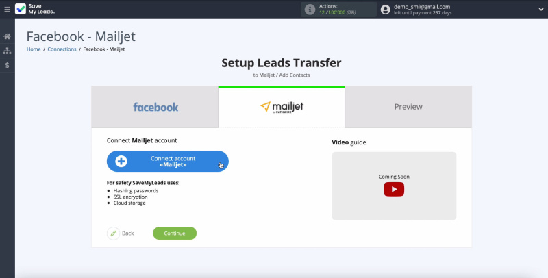 Facebook and Mailjet integration | Click "Connect account Mailjet"&nbsp;