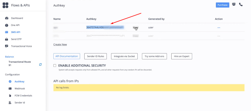 Facebook and MSG91 integration | Go to the SMS API section and copy API key