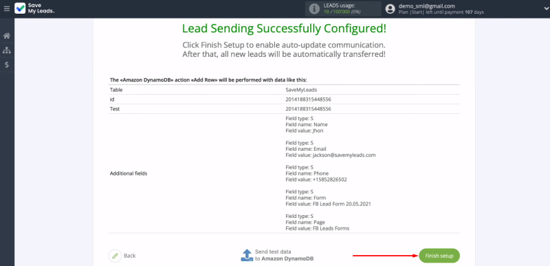Facebook and Amazon DynamoDB integration | Click "Finish setup"