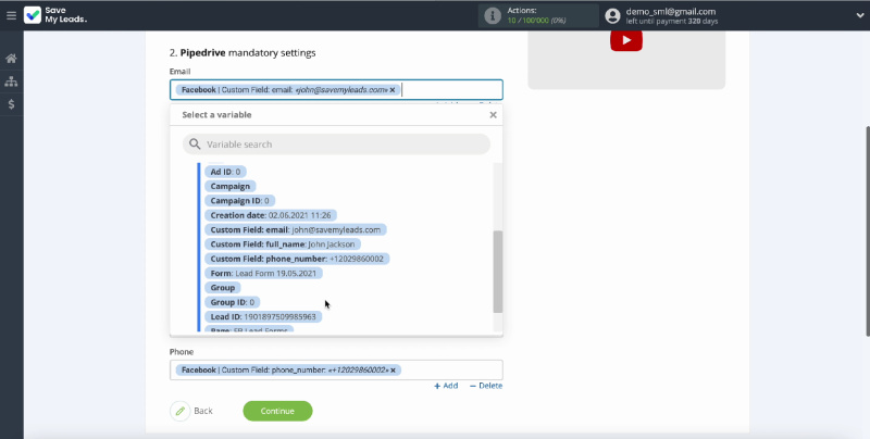 Facebook Leads Ads and Pipedrive CRM integration | Set Variables