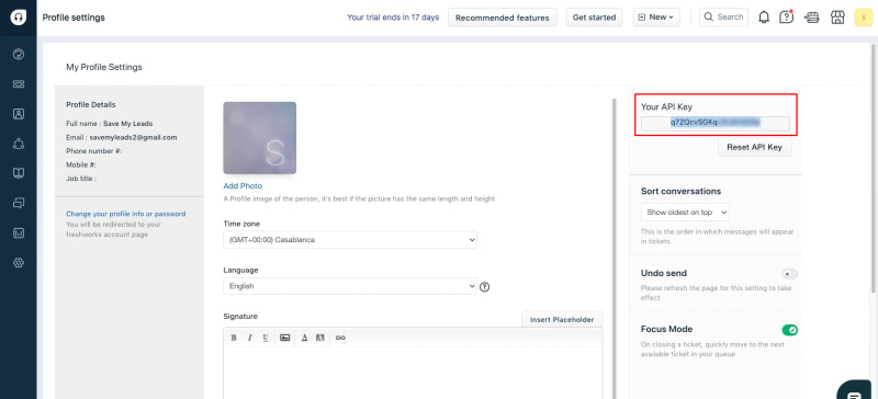 Facebook and Freshdesk integration | Copy the API key
