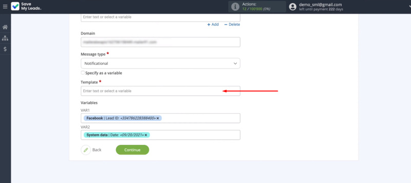 Facebook and MSG91 integration | Template field