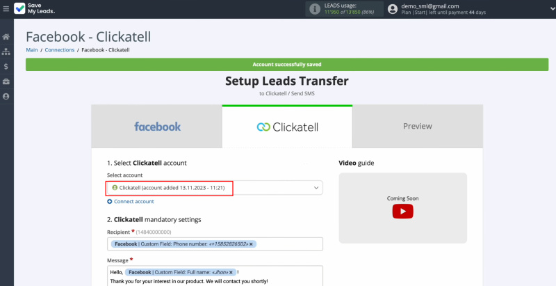 Facebook and Clickatell integration | Select the connected account