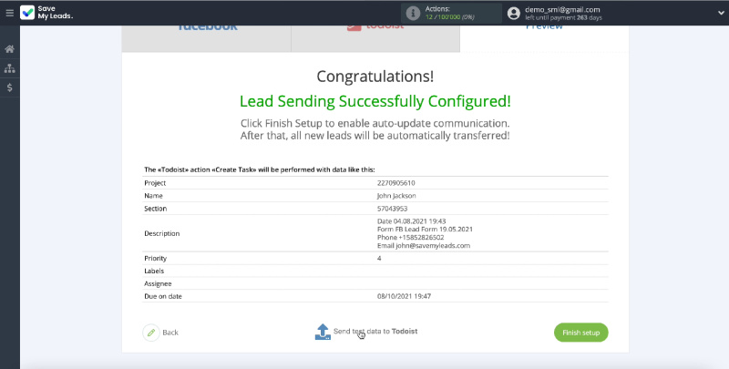 How to Create Todoist Tasks from New Facebook Leads | Send test data
