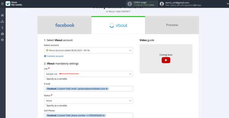 Facebook and Vbout integration | Select the list