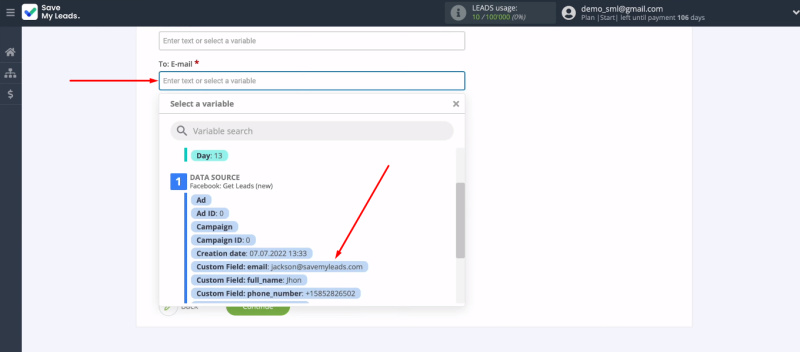 Facebook and Microsoft Outlook integration | Insert a variable with the customer's mailbox