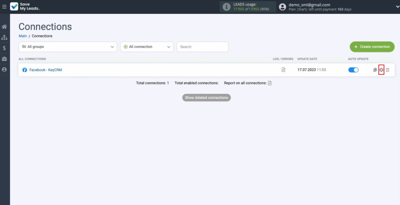 Facebook and KeyCRM integration | Click on the gear icon