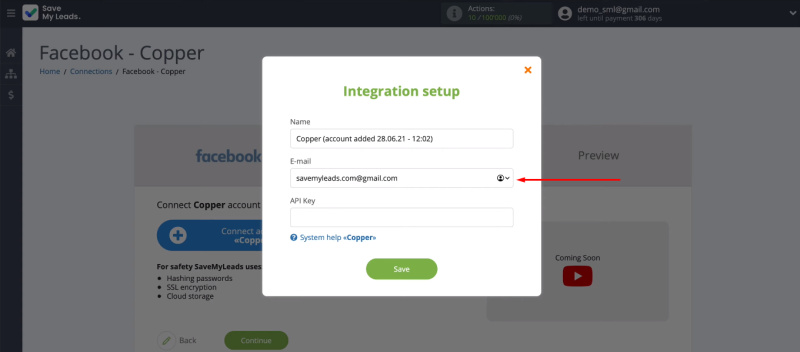 Facebook and Copper integration | Specify the Email