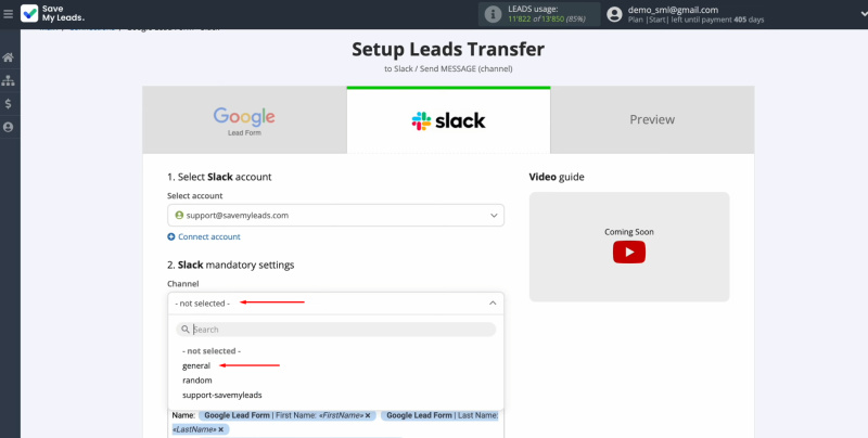 Google Lead Form and Slack integration | Select a channel